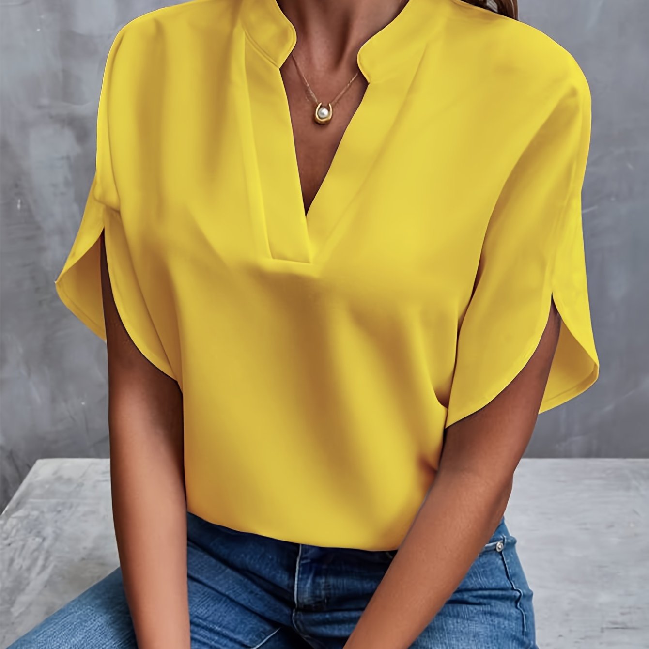 Women's Elegant Blouse with V-Neck and Short Sleeves