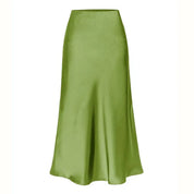A-Line Satin Look Midi Skirt for Women with Slit and High Waist