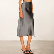 A-Line Satin Look Midi Skirt for Women with Slit and High Waist