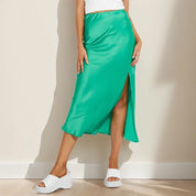 A-Line Satin Look Midi Skirt for Women with Slit and High Waist