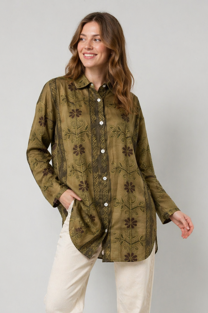 Women's Airy Tunic Blouse with V Neck and Long Sleeves