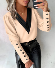 Elegant Women's Blouse with V-Neck Colour Block Top with Long Sleeves and Buttons