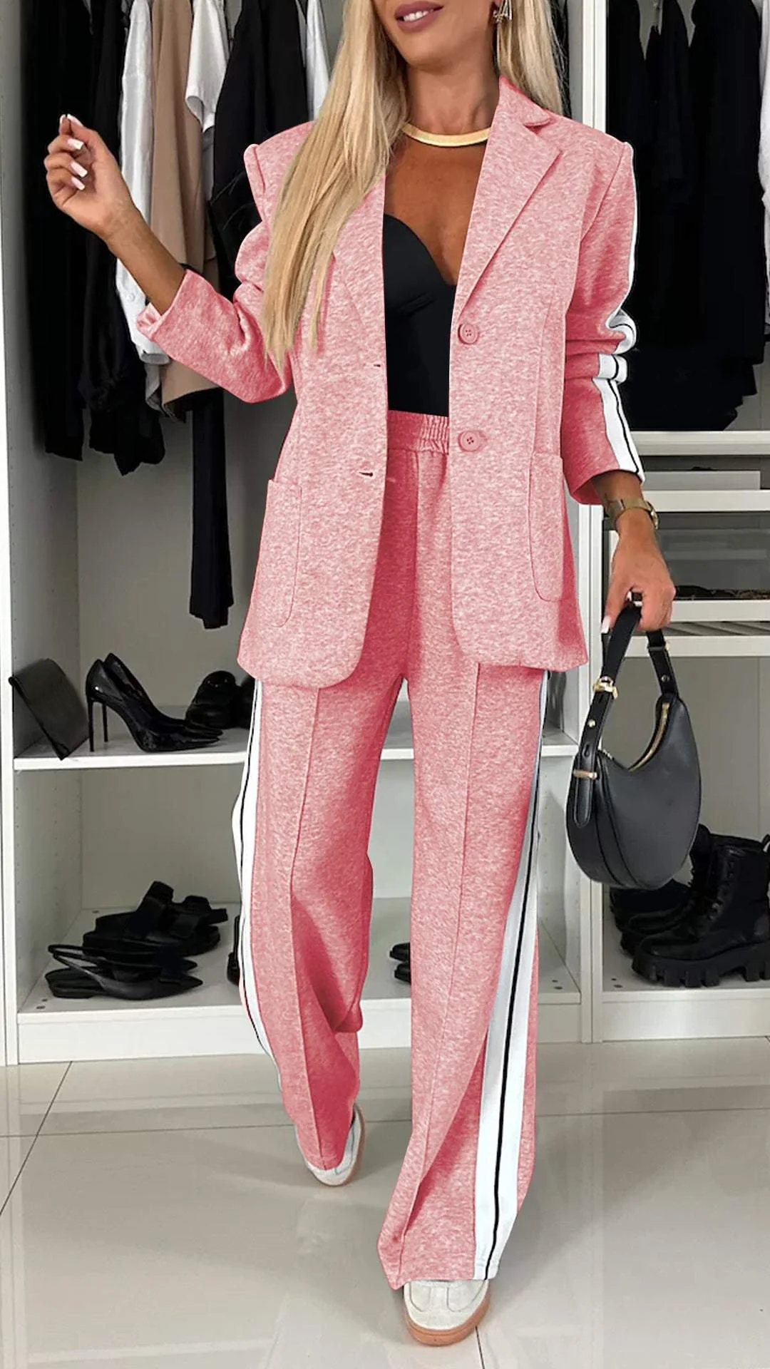 Comfortable Women's Blazer Set with Wide Pants and Stripes