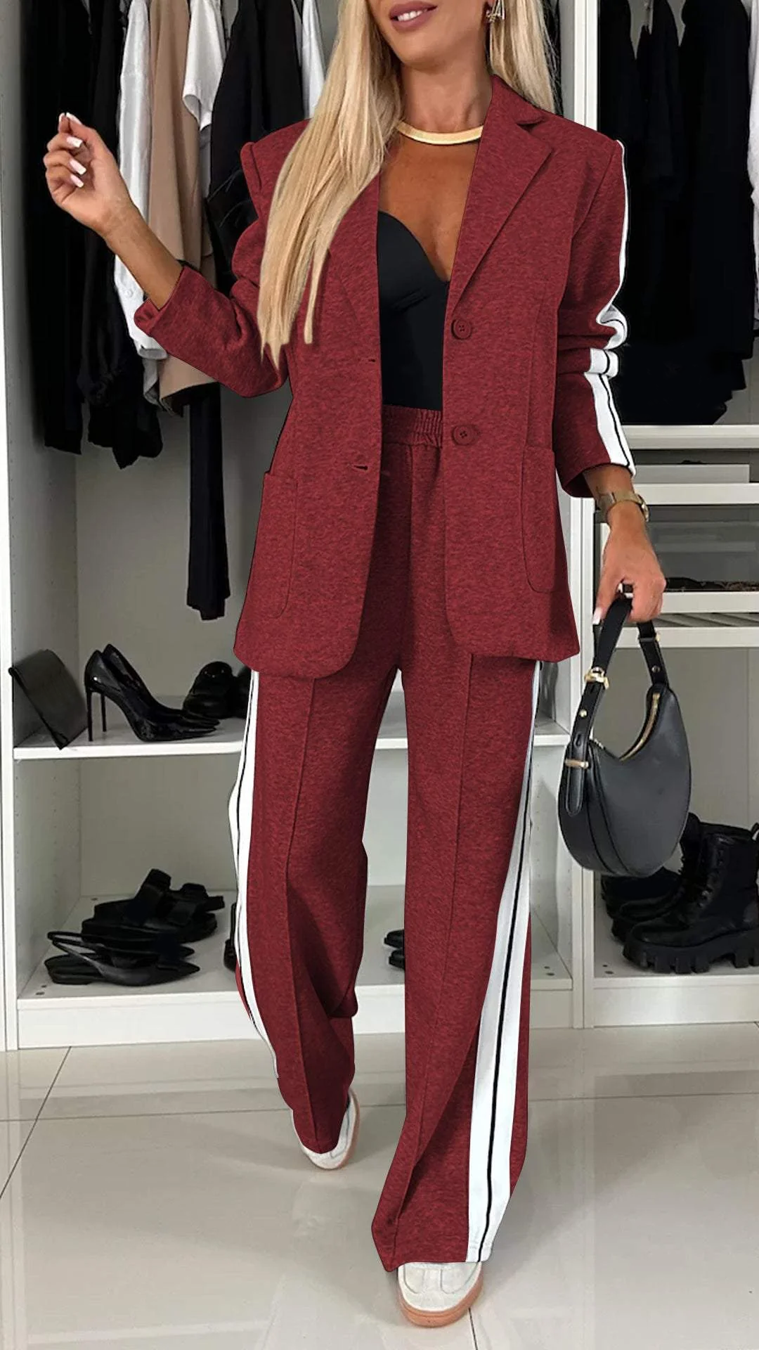 Comfortable Women's Blazer Set with Wide Pants and Stripes