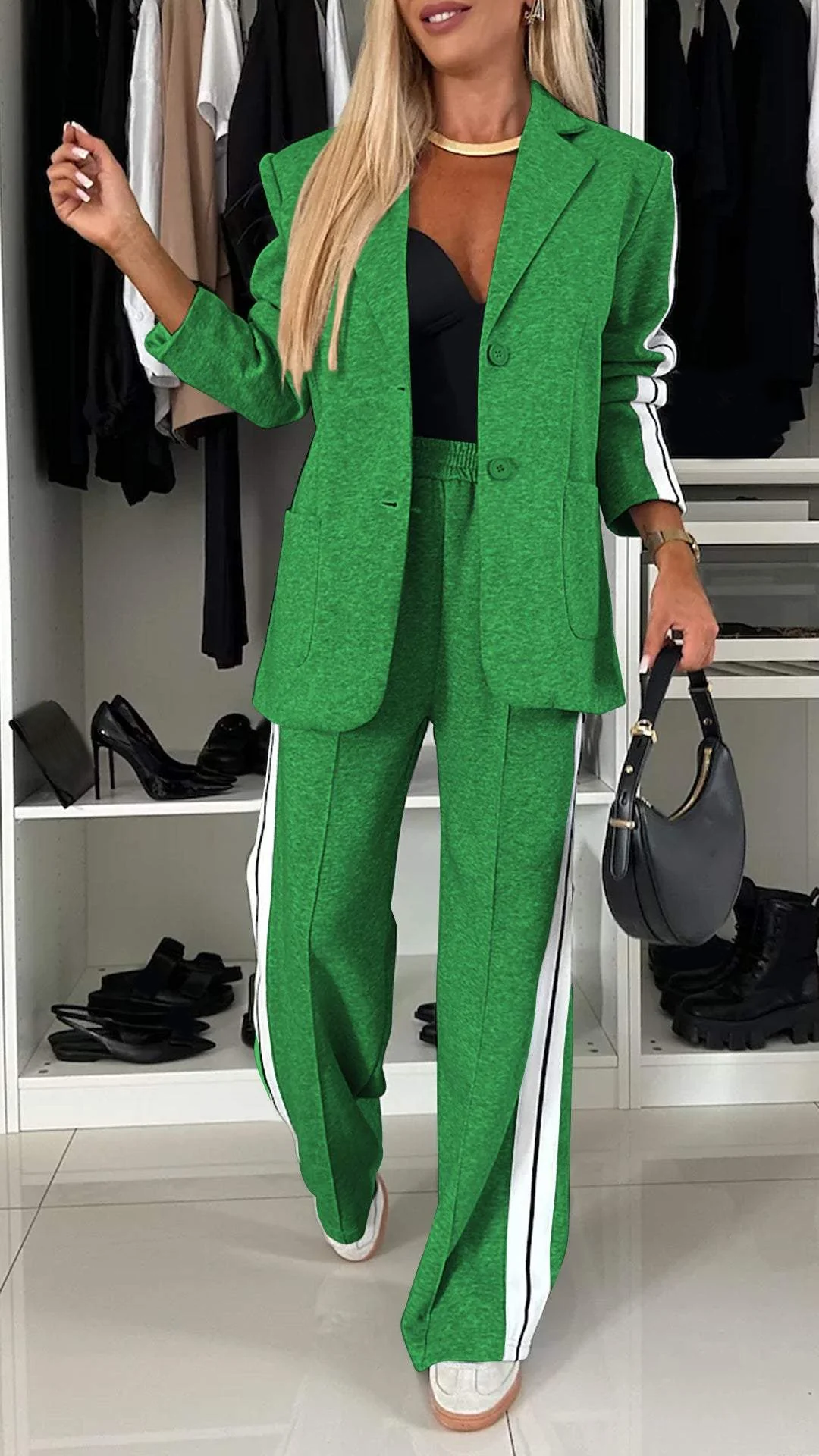 Comfortable Women's Blazer Set with Wide Pants and Stripes