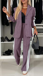 Comfortable Women's Blazer Set with Wide Pants and Stripes
