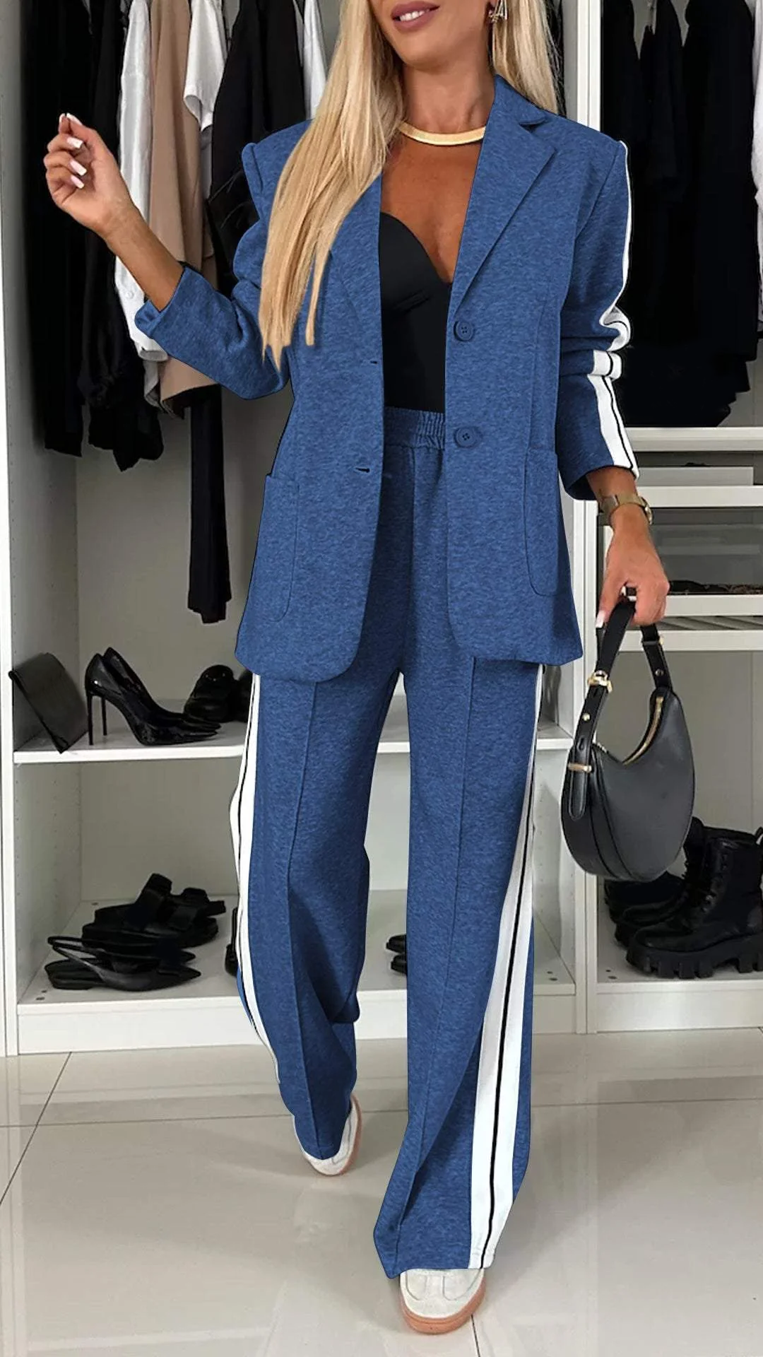 Comfortable Women's Blazer Set with Wide Pants and Stripes