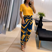 Elegant Two-Piece Set with V-Neck Top and Pants