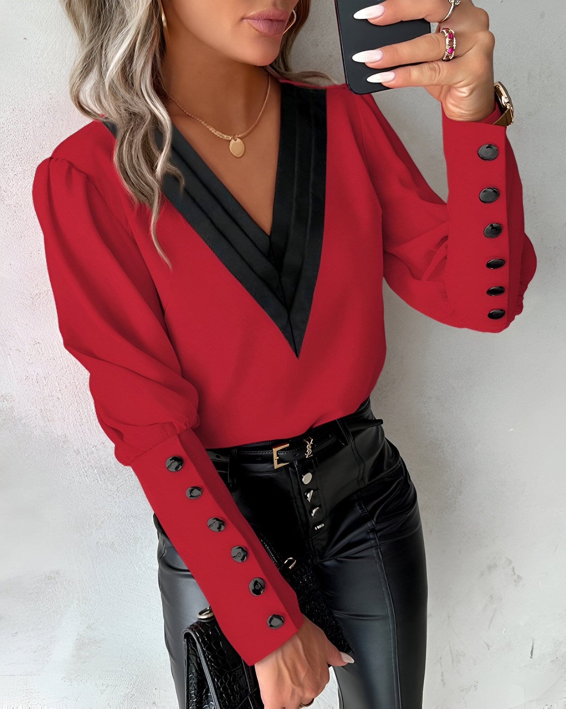 Elegant Women's Blouse with V-Neck Colour Block Top with Long Sleeves and Buttons