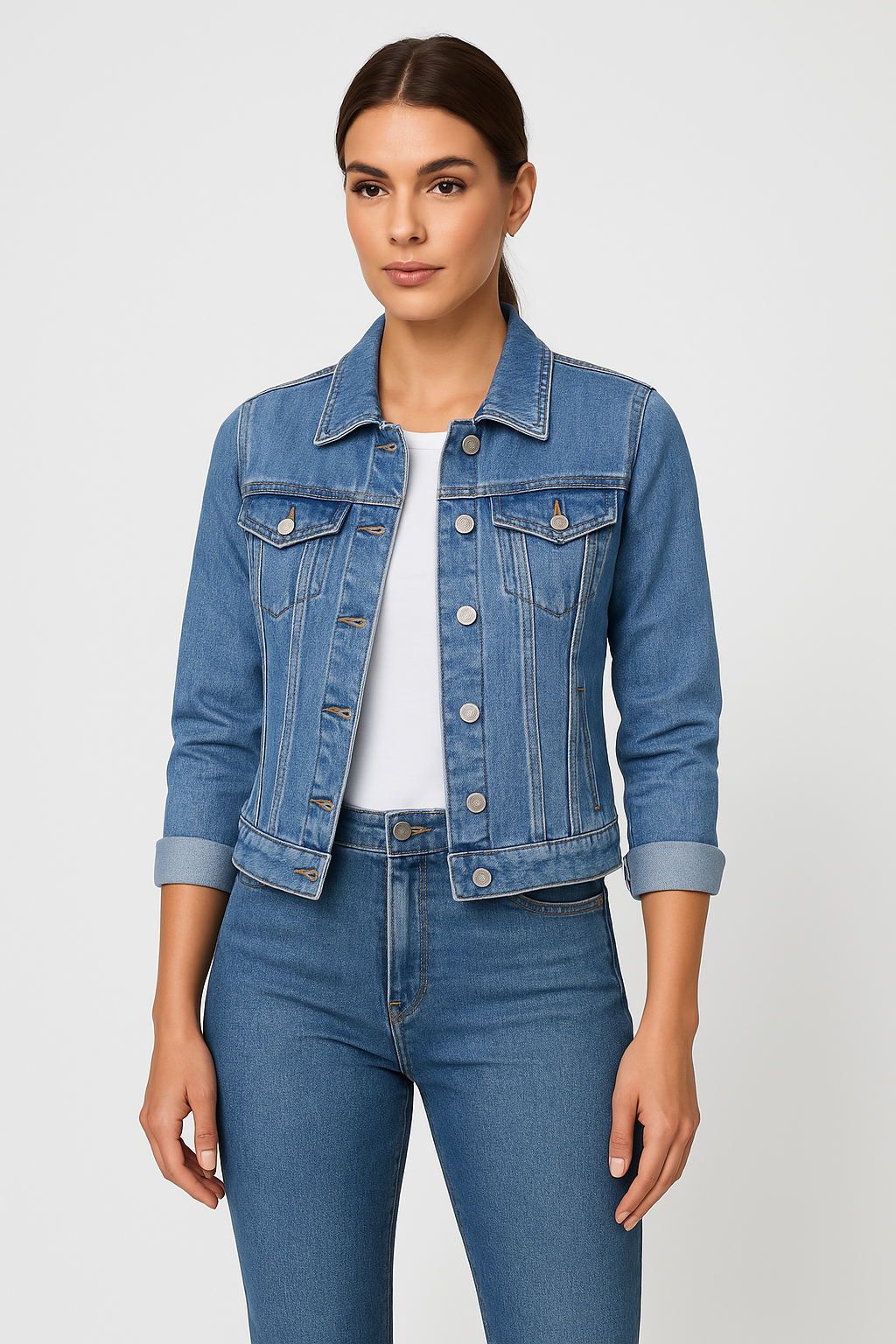Women’s Denim Jacket with Button Closure and Chest Pockets