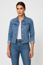 Women’s Denim Jacket with Button Closure and Chest Pockets