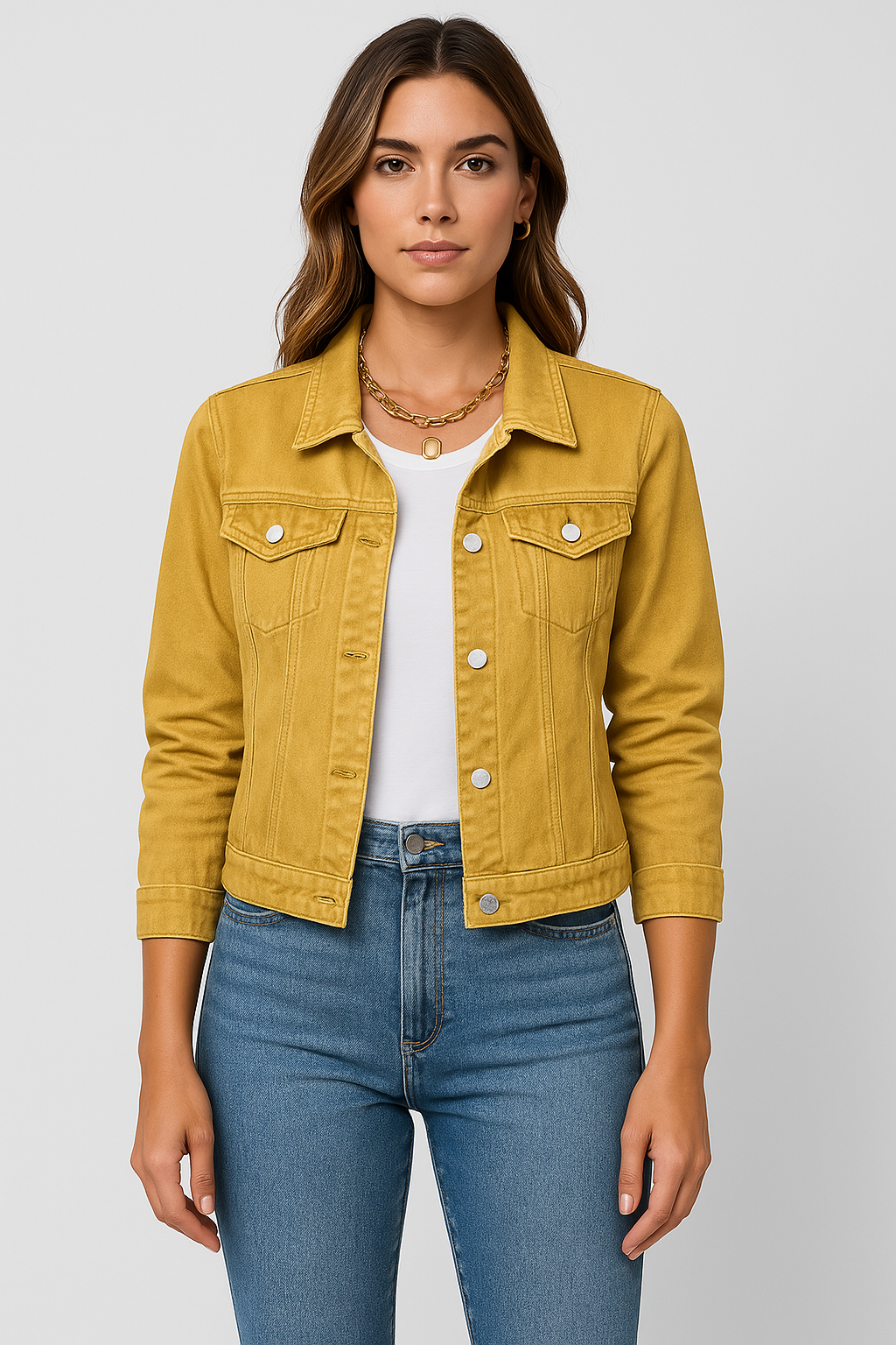 Women’s Denim Jacket with Button Closure and Chest Pockets