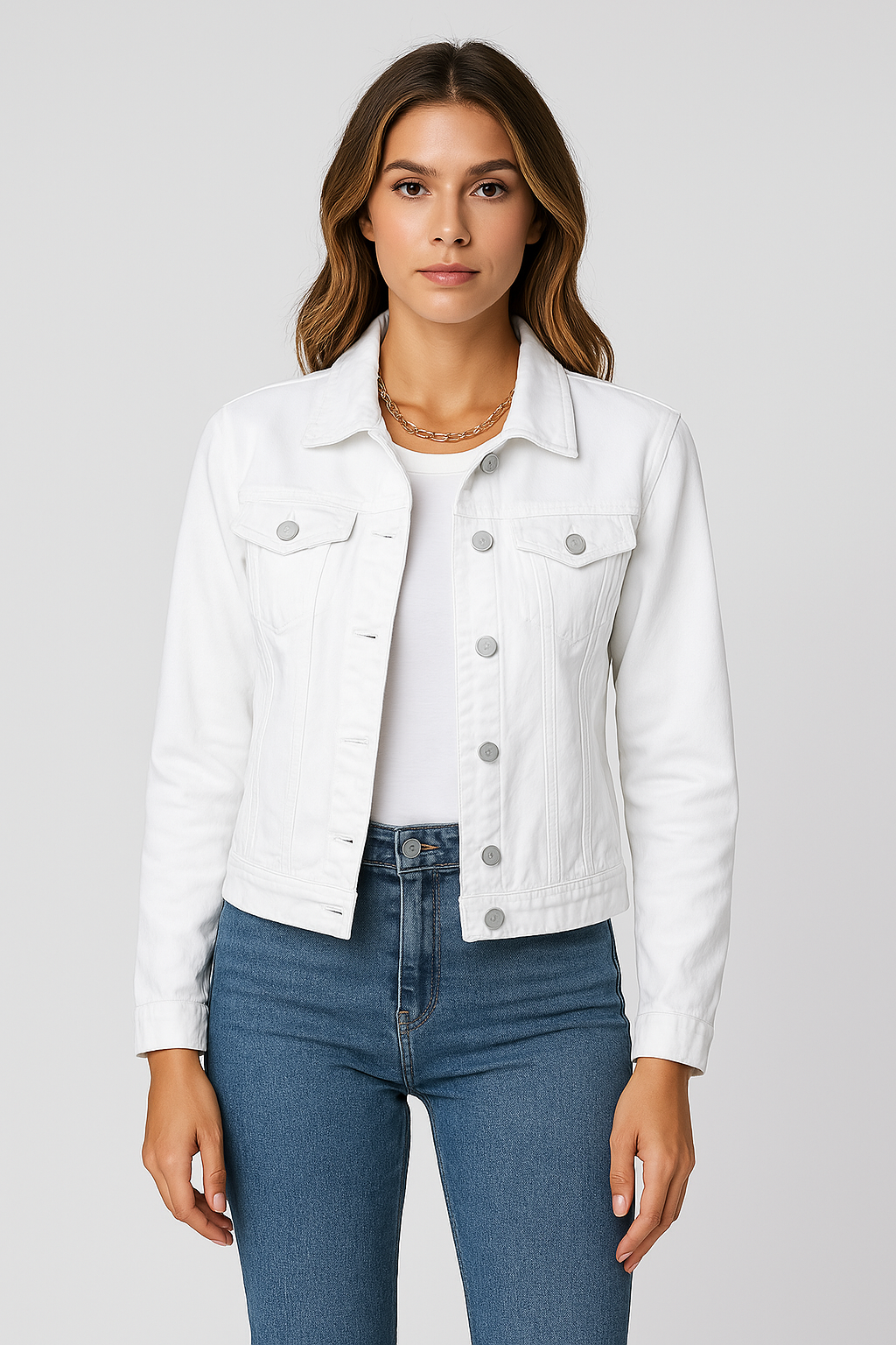 Women’s Denim Jacket with Button Closure and Chest Pockets