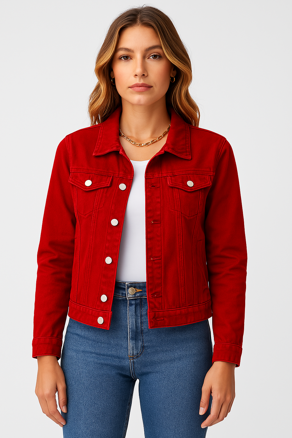 Women’s Denim Jacket with Button Closure and Chest Pockets