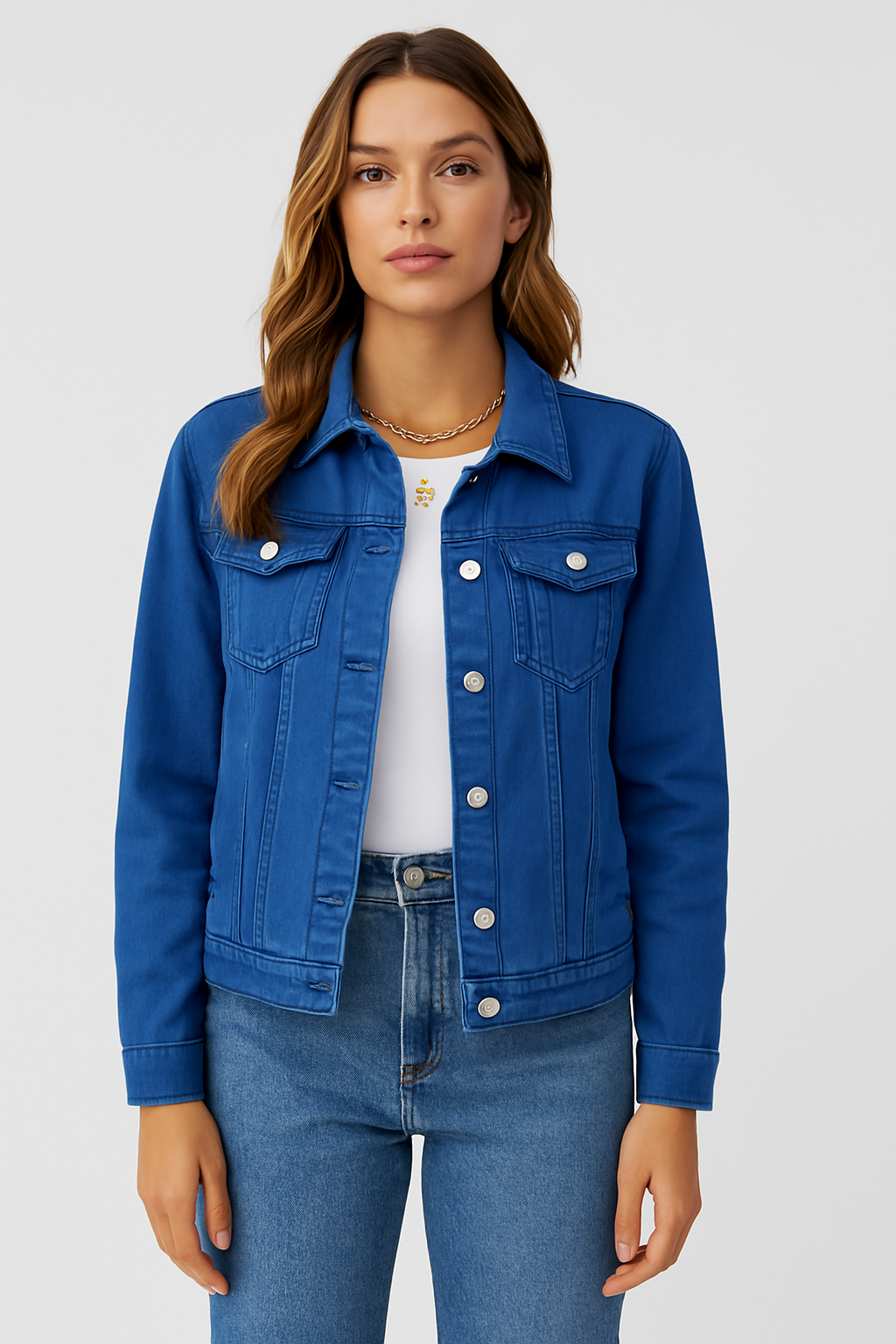 Women’s Denim Jacket with Button Closure and Chest Pockets