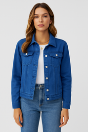 Women’s Denim Jacket with Button Closure and Chest Pockets