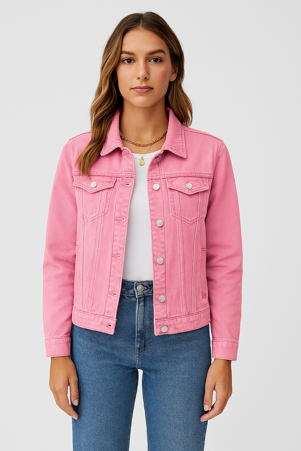 Women’s Denim Jacket with Button Closure and Chest Pockets