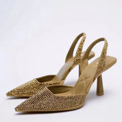 Slingback High Heels for Women with Rhinestones and Pointed Toe