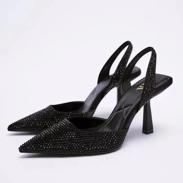 Slingback High Heels for Women with Rhinestones and Pointed Toe