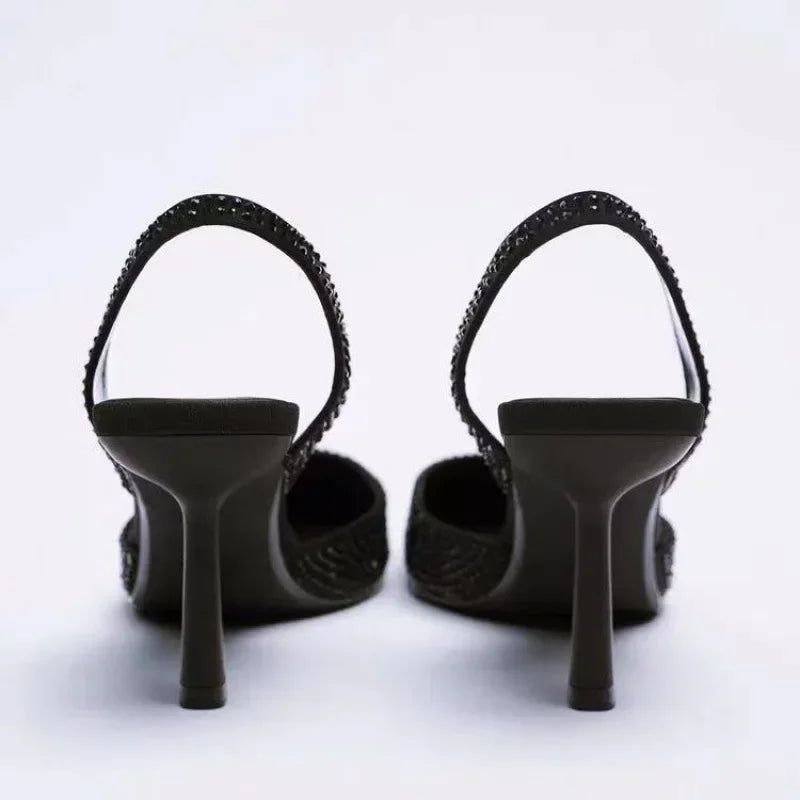 Slingback High Heels for Women with Rhinestones and Pointed Toe