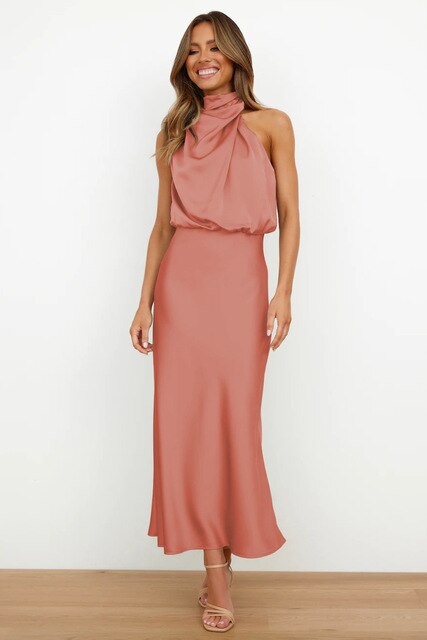 Women's Maxi Cocktail Dress with Halter Neck and Elegant Evening Look