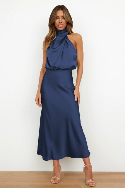Women's Maxi Cocktail Dress with Halter Neck and Elegant Evening Look