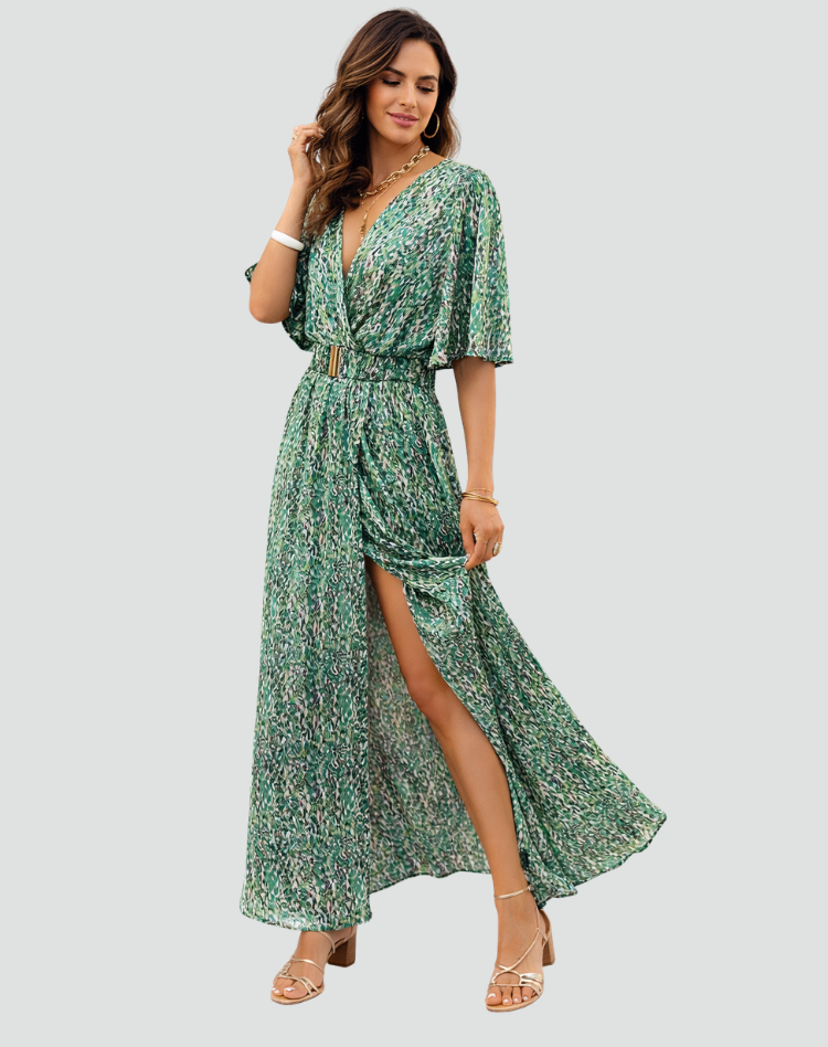 Party Maxi Dress with Print, Deep V Neck, and Split