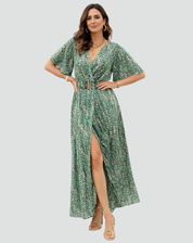 Party Maxi Dress with Print, Deep V Neck, and Split