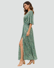 Party Maxi Dress with Print, Deep V Neck, and Split