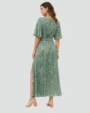 Party Maxi Dress with Print, Deep V Neck, and Split
