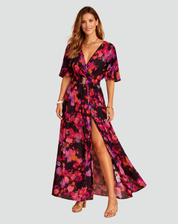 Party Maxi Dress with Print, Deep V Neck, and Split