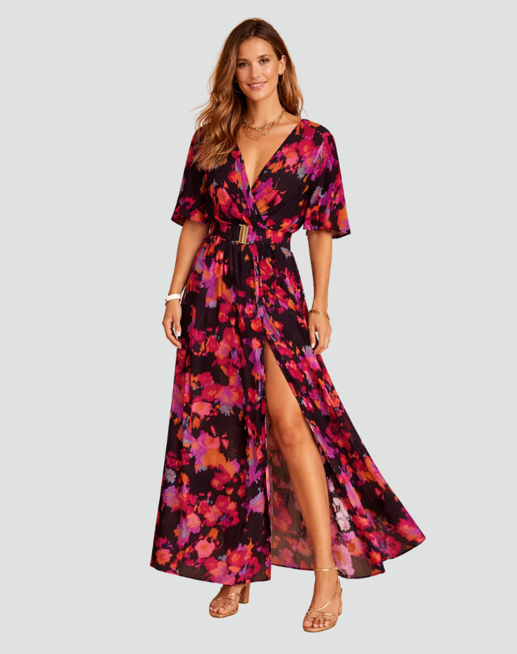 Party Maxi Dress with Print, Deep V Neck, and Split