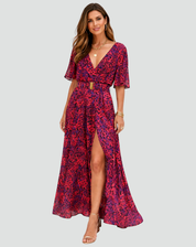 Party Maxi Dress with Print, Deep V Neck, and Split