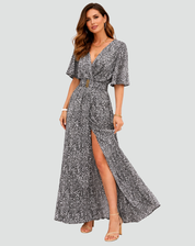 Party Maxi Dress with Print, Deep V Neck, and Split