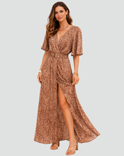 Party Maxi Dress with Print, Deep V Neck, and Split