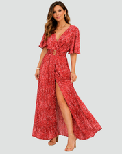 Party Maxi Dress with Print, Deep V Neck, and Split
