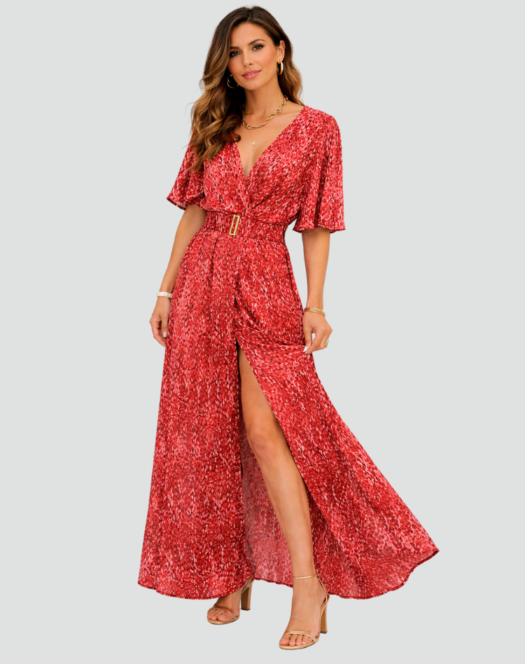 Party Maxi Dress with Print, Deep V Neck, and Split