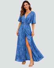 Party Maxi Dress with Print, Deep V Neck, and Split