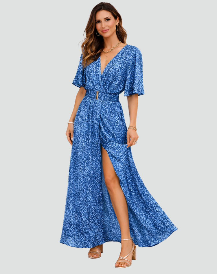 Party Maxi Dress with Print, Deep V Neck, and Split