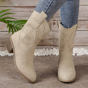 Women's Beige Western Cowboy Boots Mid-Calf With Block Heel And Side Zipper