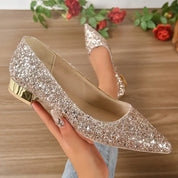 Festive Glitter Pumps with Low Block Heel and Pointed Toe for Women