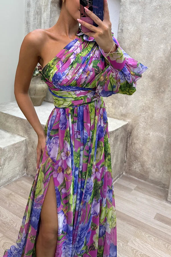 Purple Maxi Dress With One Shoulder And Floral Print