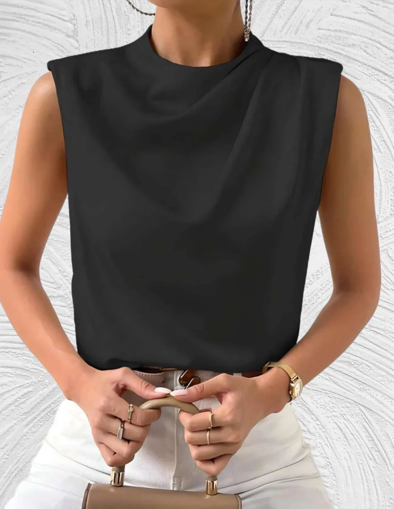 Elegant Women's Satin Top with Waterfall Neck and Sleeveless Design