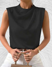 Elegant Women's Satin Top with Waterfall Neck and Sleeveless Design