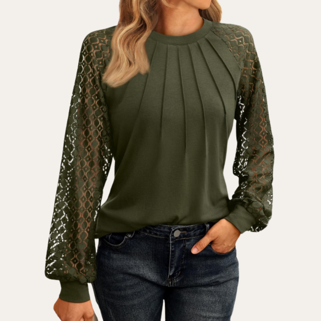 Women's Blouse with Lace Sleeves and Pleated Neckline