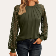 Women's Blouse with Lace Sleeves and Pleated Neckline