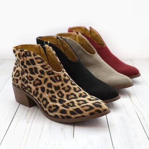 Vintage Ankle Boots with Leopard Print and Block Heel for Women