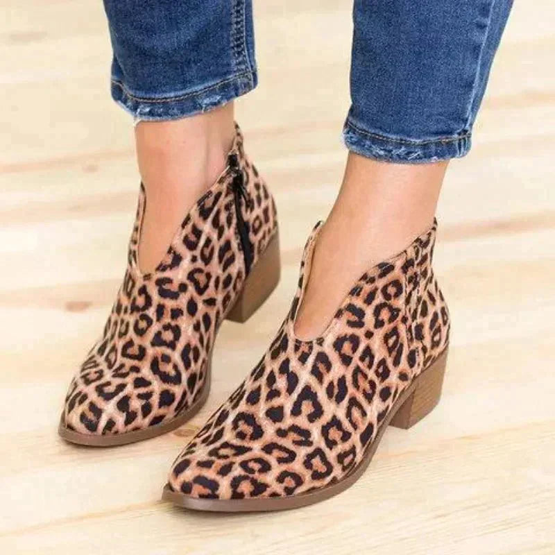 Vintage Ankle Boots with Leopard Print and Block Heel for Women