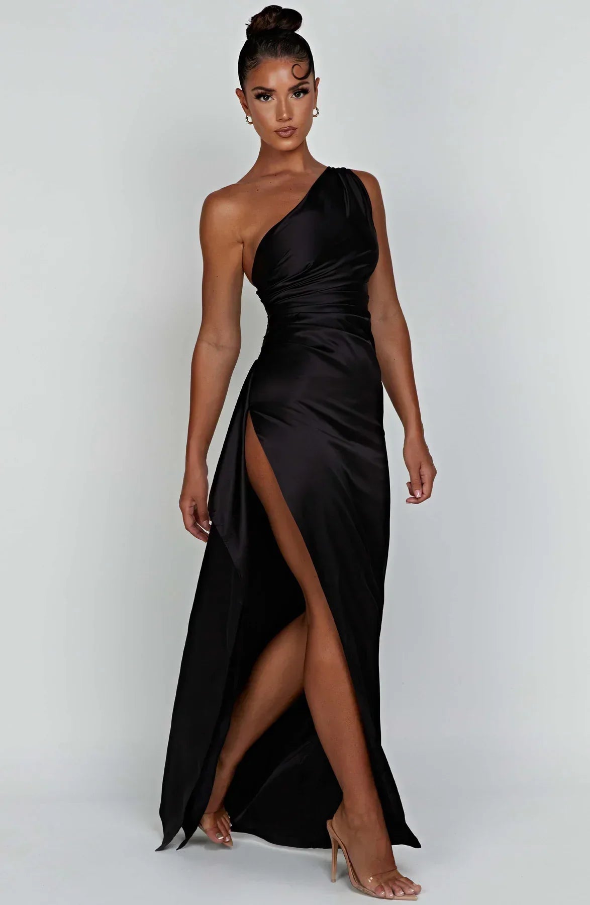 Women's Satin Elegant One-Shoulder Maxi Dress with High Slit for Gala
