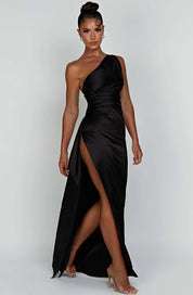 Women's Satin Elegant One-Shoulder Maxi Dress with High Slit for Gala